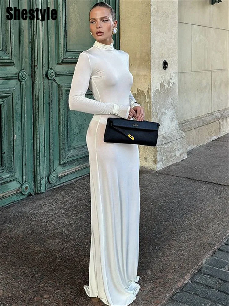 Shestyle Autumn Floor Length Trumpet Dresses Women Solid Elastic Turtleneck Beautiful Model Slim Outfits Full Sleeve Soft Date