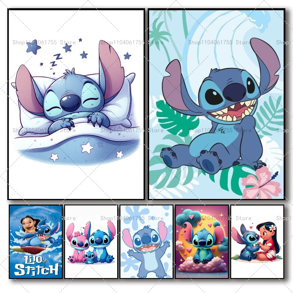 1PC Cartoon Lilo And S-Stitch Poster Self-adhesive Art Waterproof Paper Sticker Coffee House Bar Room Wall Decor