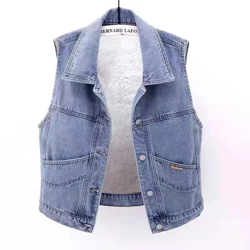 Casaco jeans de veludo feminino, cowboy solto coreano, jaqueta sem mangas, colete de bolso grande, tops femininos, casaco de coringa, outono, inverno, novo