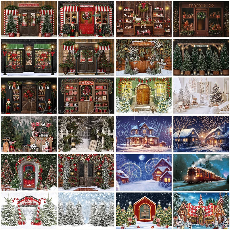 

Christmas Gift Shop Snow House Photography Background Santa XMAS Tree New Year Backdrop Wreath Studio Prop Home Party Banner