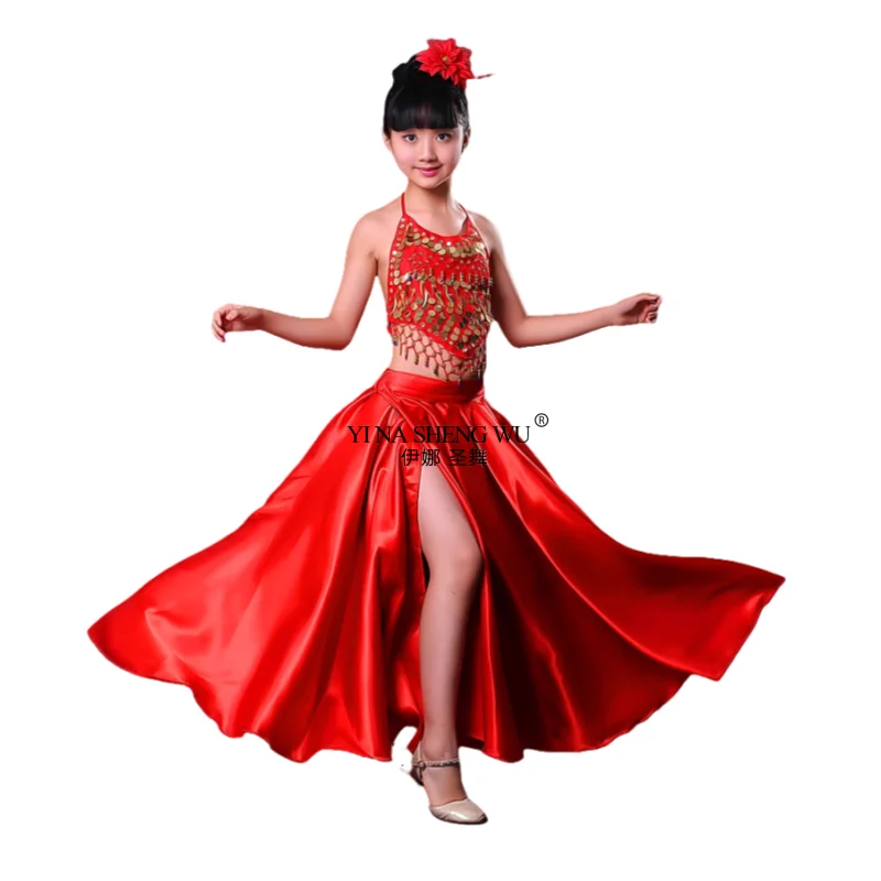Robe de danse longue rouge Style Flamenco pour filles, Costume espagnol, jupe de salle de bal noire pour enfants, vêtements de danse 180/360/540/720 degrés