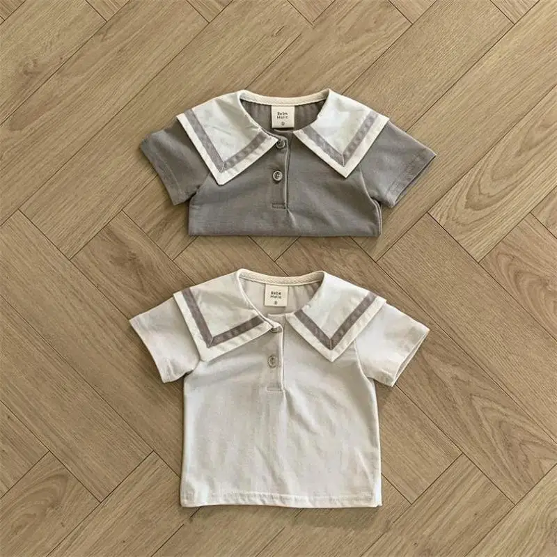 

2024 Summer New Baby Short Sleeve T Shirts Cotton Infant Boy Girl Navy Collar Solid Loose Tees Toddler Casual Versatile Tops