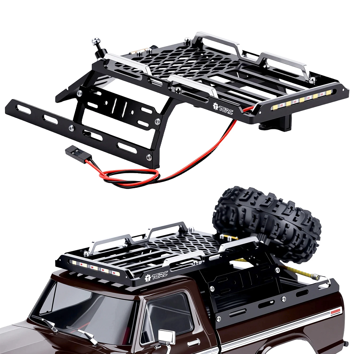 TCRC Aluminum Bed Rack & Spare Tire Carrier w/ Bright White LED Light Strip & CH3 Light Control Switch Set For 1/18 TRX4M F-150
