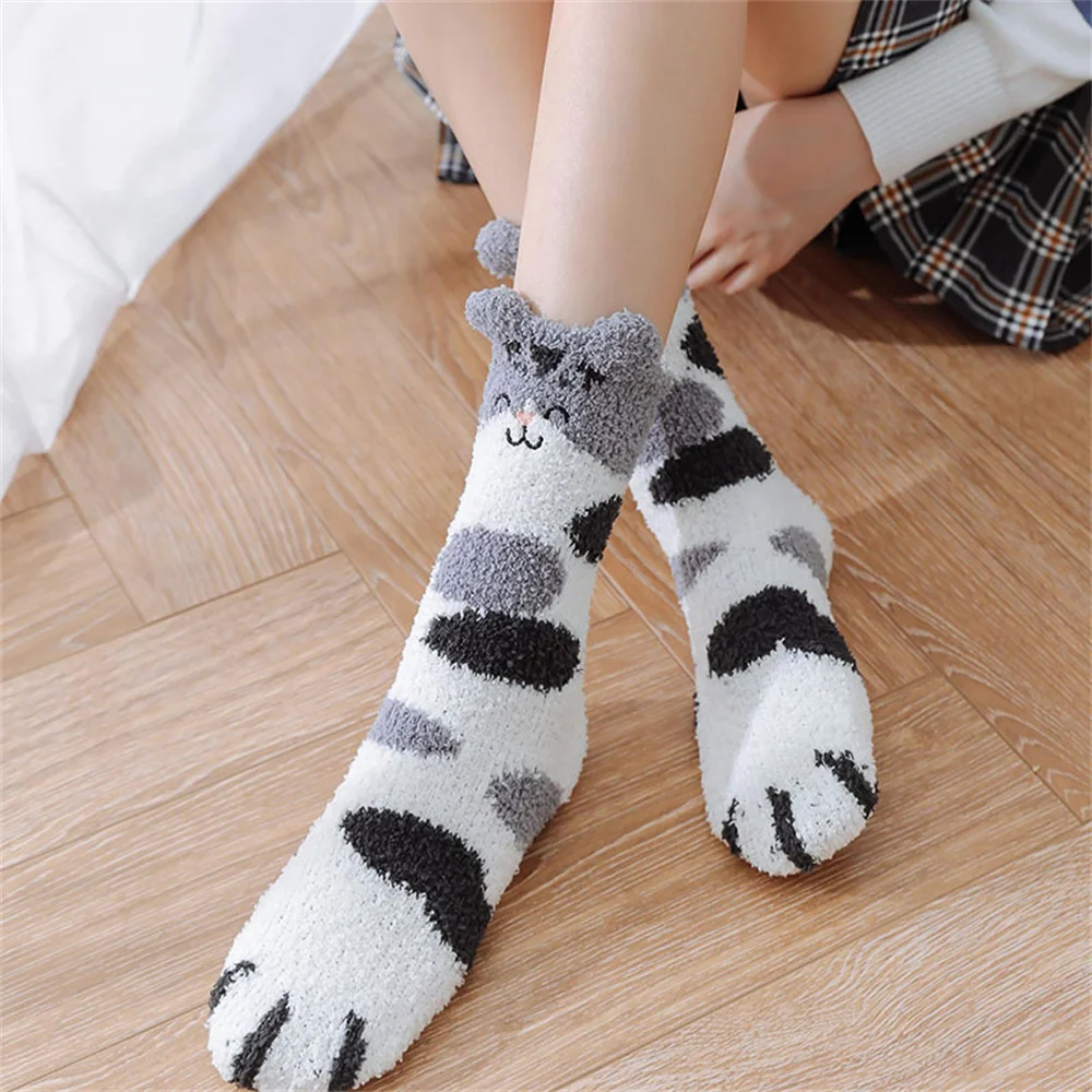 Chaussettes de patte de griffes de chat porte-bonheur pour femmes, plus velours, chaussettes de sourire, optique, Kawaii, chaud, hiver, mignon, sol de couchage, sites à domicile