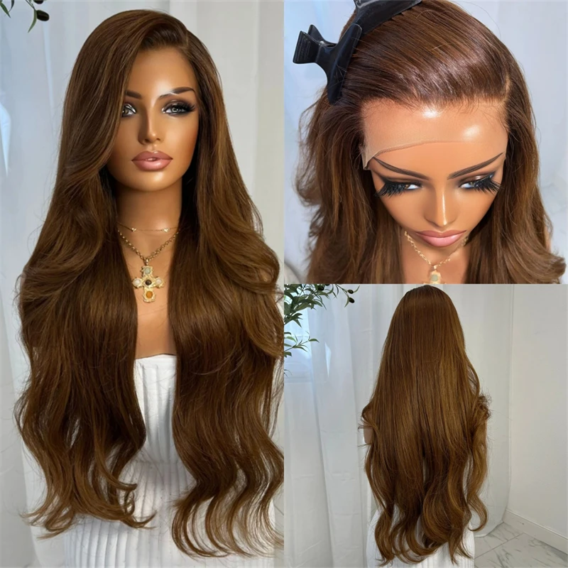

Шоколадно-коричневый парик с синтетическими прядями и HD-кружевной передней частью, 30 дюймов, очень длинный волнистый парик, без клея, с предварительно выщипанной линией роста волос, высококачественный парик