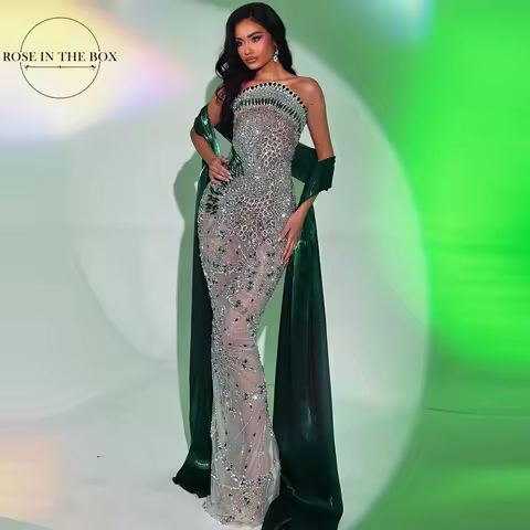 ROSEINTHEBOX Customized Strapless Luxury Evening Dresses Sequins-embellished فساتين سهراتLong Shawl Bodice Prom Dress