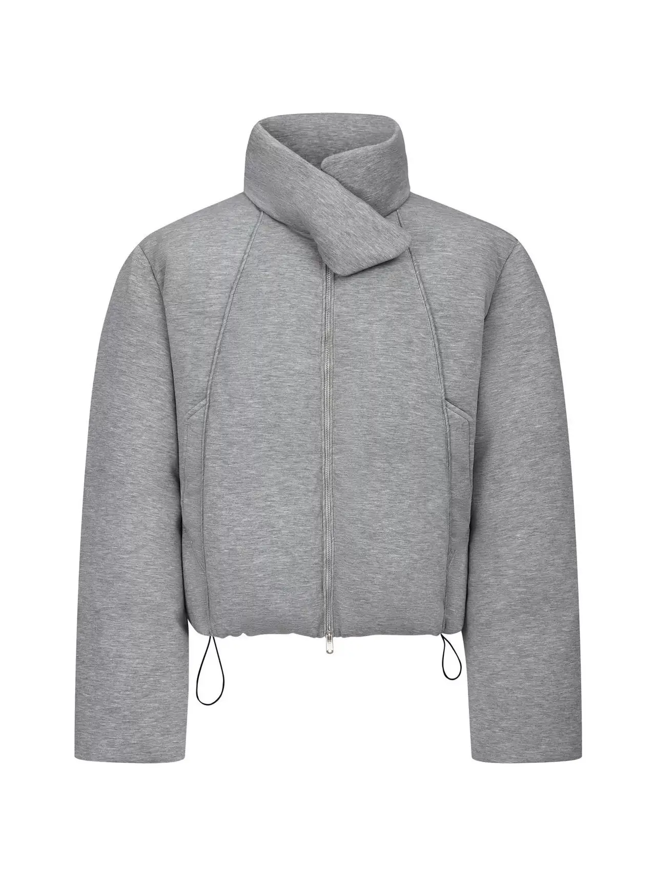 Men Unique Wrap High Collar Zip Up Padded Jacket Cropped Drawstring Hem Loose Light Quilted Coat Minimalist Streetwear Casual
