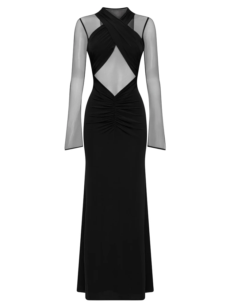 セクシーなシャーリングメッシュマキシドレス レディース シースルー パッチワーク 長袖 スリム ロングドレス 女性 パーティー クラブウェア プロム 2025 新作