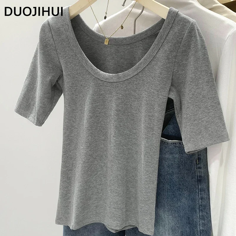 DUOJIHUI Apricot Sexy O-neck Basic Short Sleeve Slim Female T-shirts Autumn Simple Fashion Pure Color Casual S-XL Women T-shirts