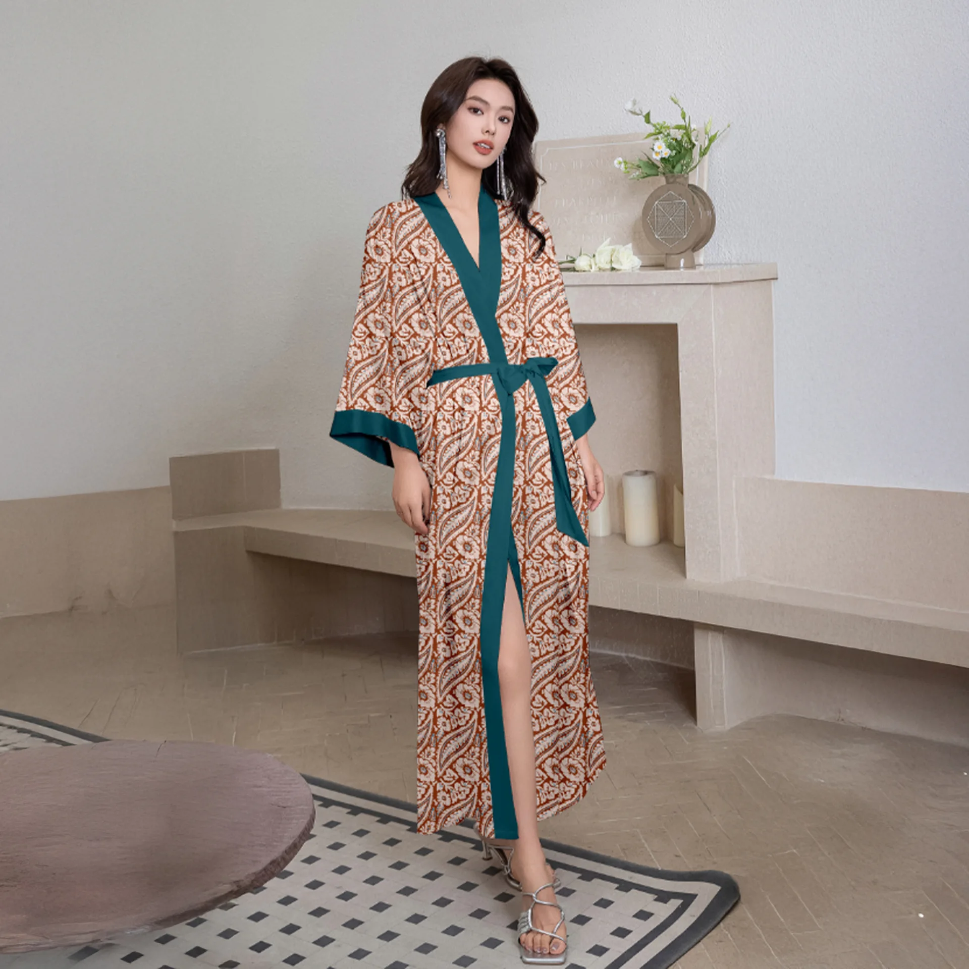 

Print Floral Bride Wedding Long Robe Negligee Elegant Silk Satin Kimono Bathrobe Big Size Loose Homewear