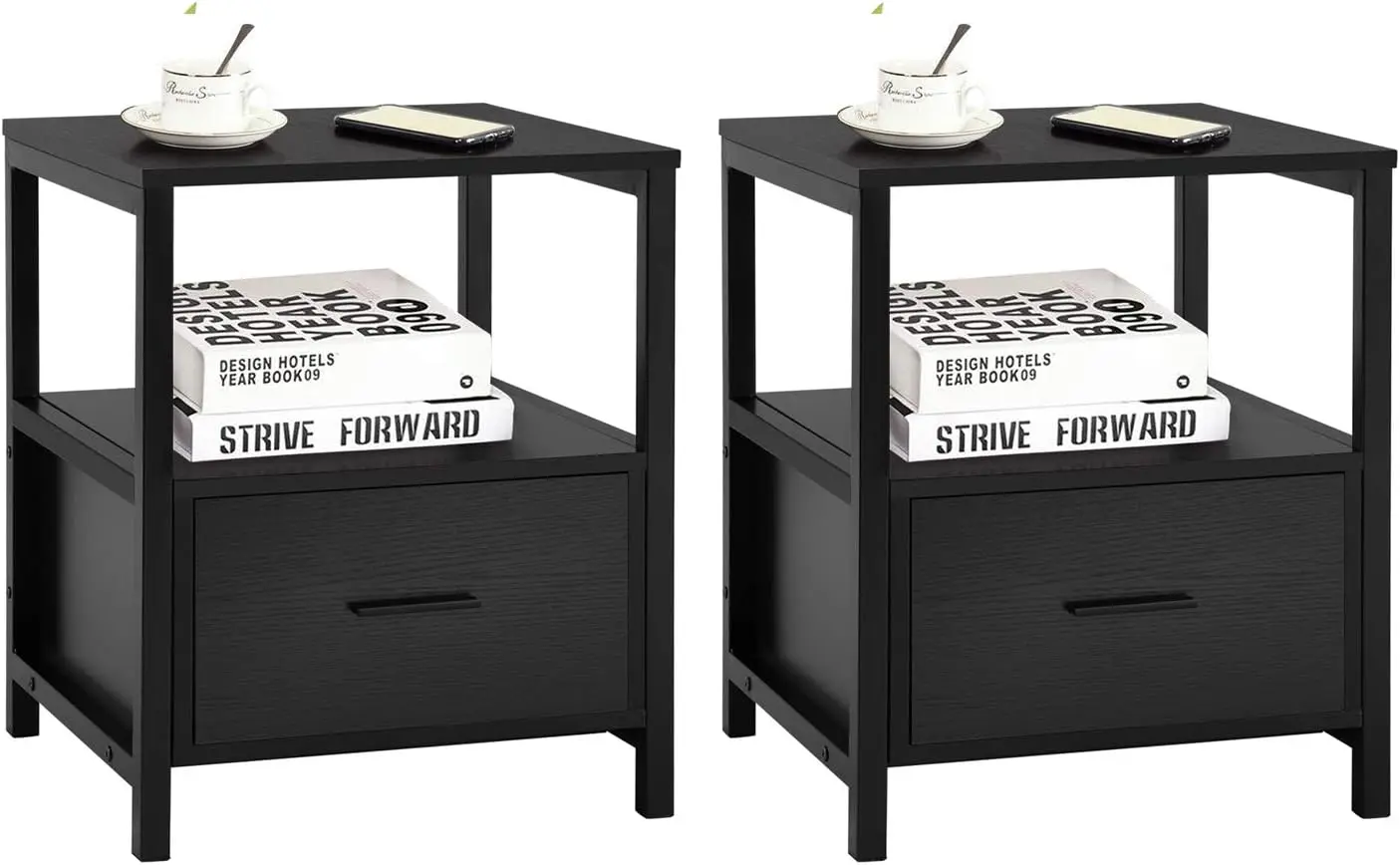 

Nightstand Set of 2 with Drawer Modern Square End Side Table for Storage Open Shelf Stable Metal Frame