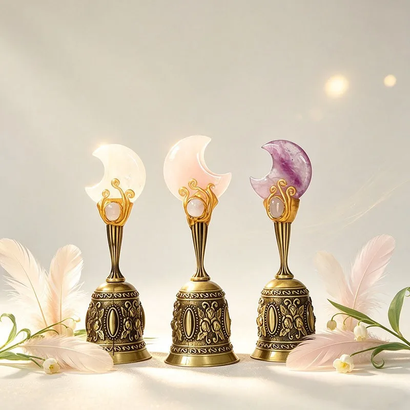 Crystal Moon Top Brass Altar Bell Wiccan Witchcraft Supplies, Spiritual Decor, Witch Gift for Altar Use