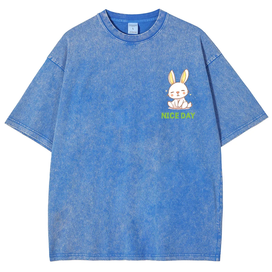 Cute Cartoon Bunny Printed T-Shirt Simple And Cute Washed Denim Round Neck Pullover Shoulder Down New Trendy Short Sleeves