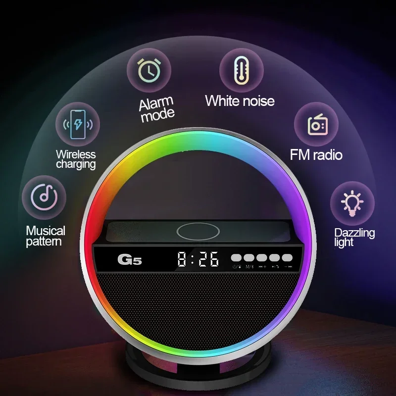 G5 Bluetooth Speakers 10W Mobile Wireless Charger RGB Subwoofer Music Rhythm Light Multi Functional Speaker Supports FM TF