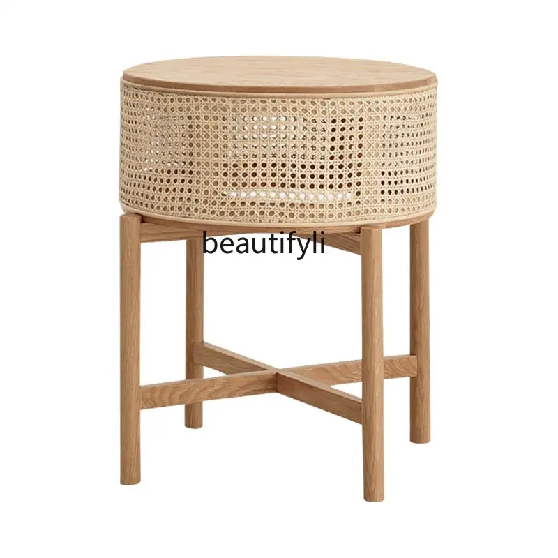 Nordic Solid Wood Rattan Tea Table Sofa Side Table Simple Tea Side Table Living Room Bedroom Wooden Ball Small round Table