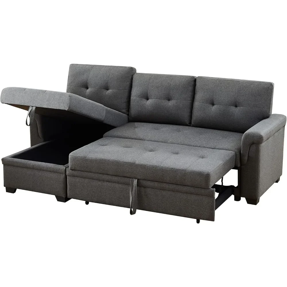 Linen Reversible Sleeper Sectional Sofa with Storage Chaise