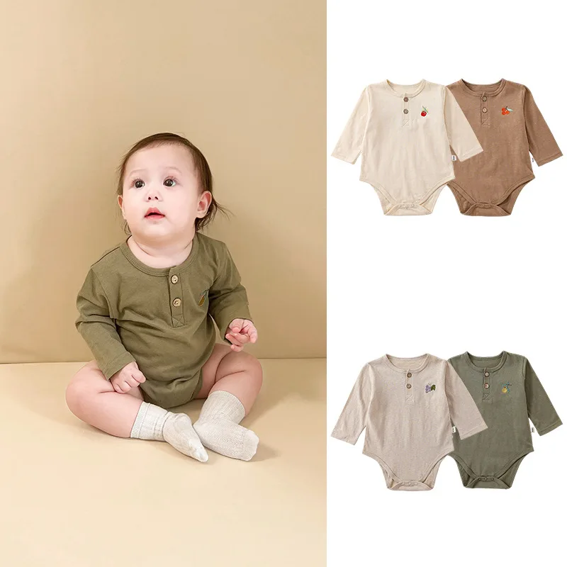 

Autumn Ins 2024 Newborn Boys Jumpsuit Long Sleeve Fruit Embroidery Solid Color Muslin Brief Baby Boys Romper Infant Boy Bodysuit