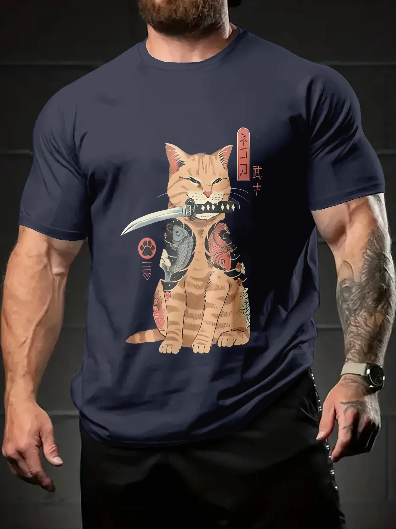 Men Daily Vacation Short Sleeve Tee, Sport T-Shirt with Dark Navy Base Japanese Style Tattoo Orange Cat With Short Blade Graphic
