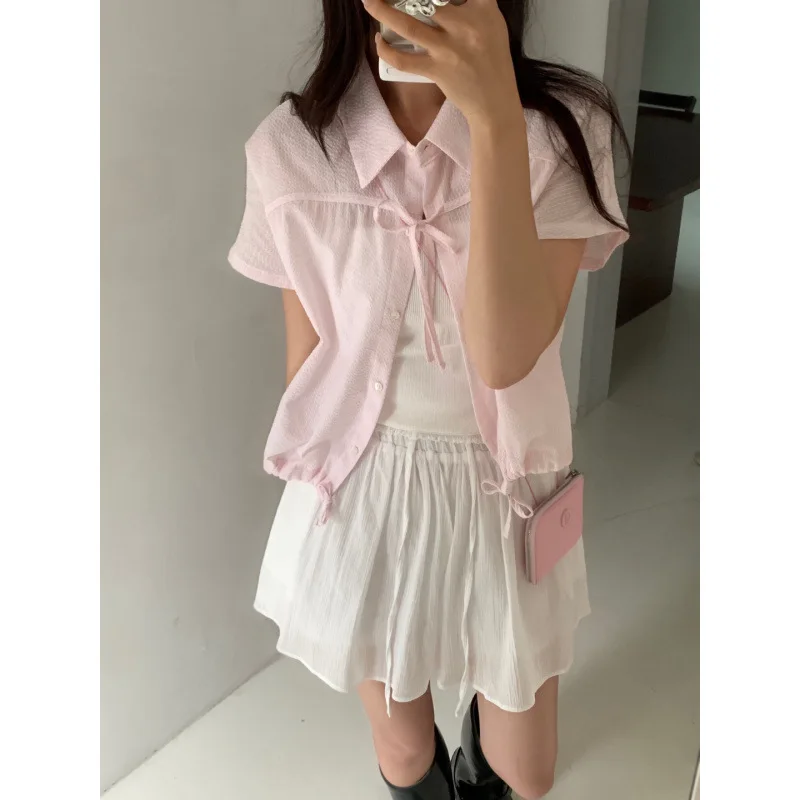 

Korobov Korean Chic Summer Solid Short Sleeve Puff Sleeve Single Breasted Lace-Up Women Shirt