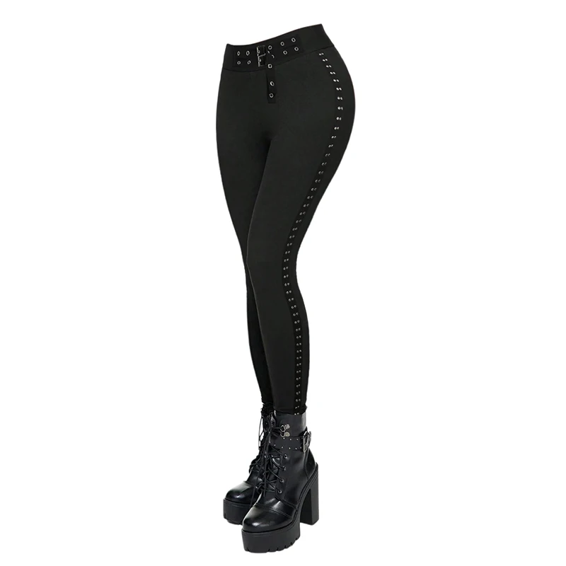 Dressfo Women's Pants Solid Color Buckle Grommet Waist Long Pants Rivet Decor Women Casual Jogger Pants pantalones