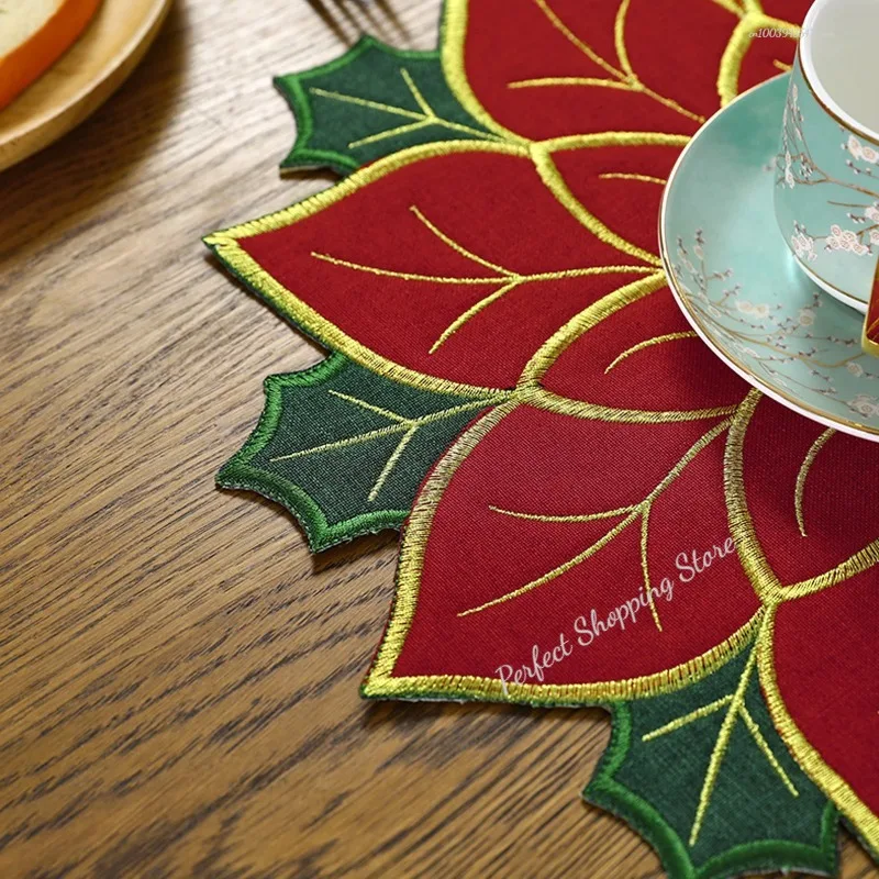 Poinsettia Table Runner Christmas Placemat Insulation Pad Holly Leaf Mat Versatile Gift Scald Proof Red Fruits Linen Plus Sponge