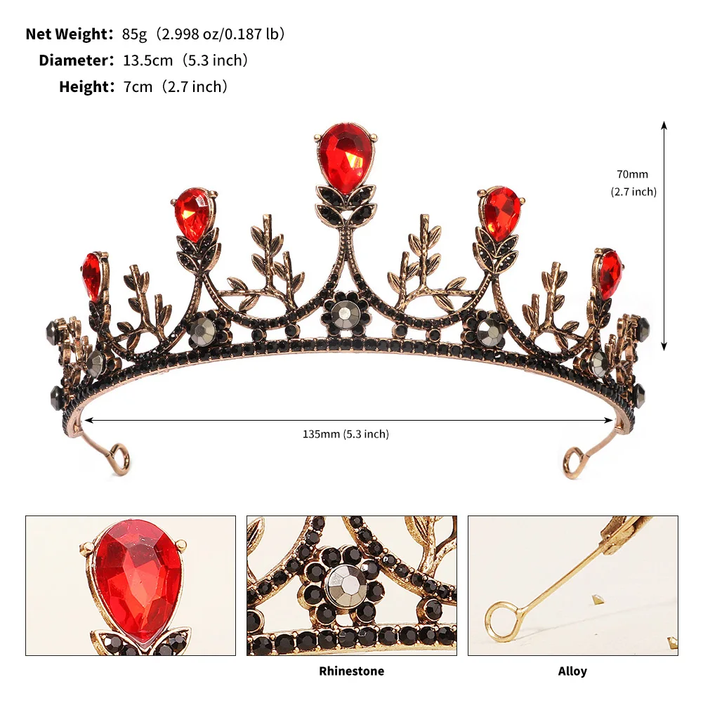 Halloween Vintage Prinzessin Königin Dunkle Krone Kopfbedeckung Kristall Tiara Für Frauen Rote Krone Haar Kleid Zubehör Schmuck – Detail 14
