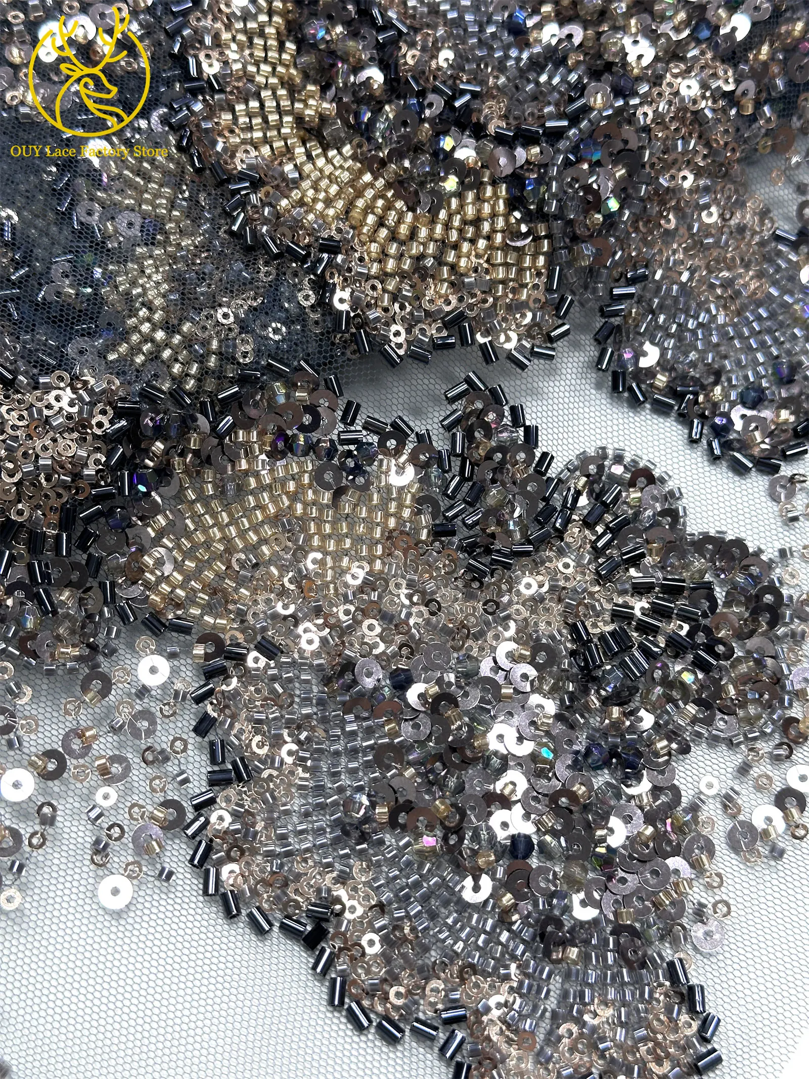 Barock-Stil, perlenbesetzter nigerianischer Tüll-Spitzenstoff 2026, hochwertige französische Pailletten-Spitze für Hochzeits- und Partykleider, zum Nähen, 5Y – Detail 19