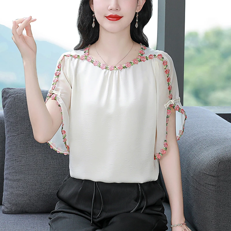 M-4XL Elegant Flower Chiffon Blouse Shirt Korean Fashion Summer embroidery Tops 2024 New Short sleeved Casual Women Clothing