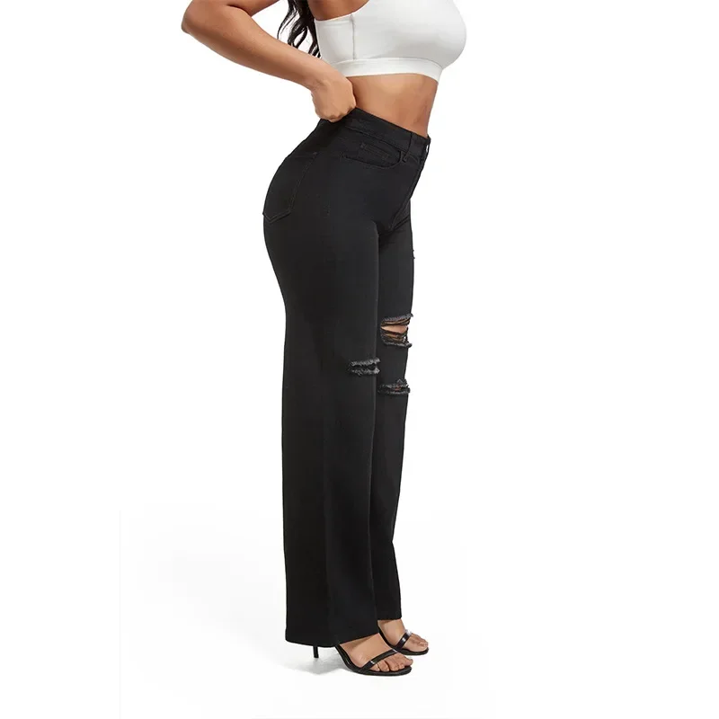 Gat Jeans Vrouwen Vintage Denim Rechte Broek Gewassen Verontruste Hoge Taille Stretch 2025, Streetwear Vrouwelijke Enkellange Broek