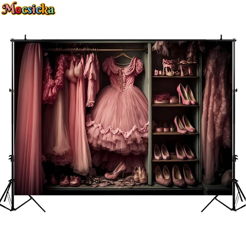 Pink Dream Closet Photography Backdrop Fashion Doll Vanity Mirror Dress High Heel Decor Kids Girl Birthday Cake Smash Background