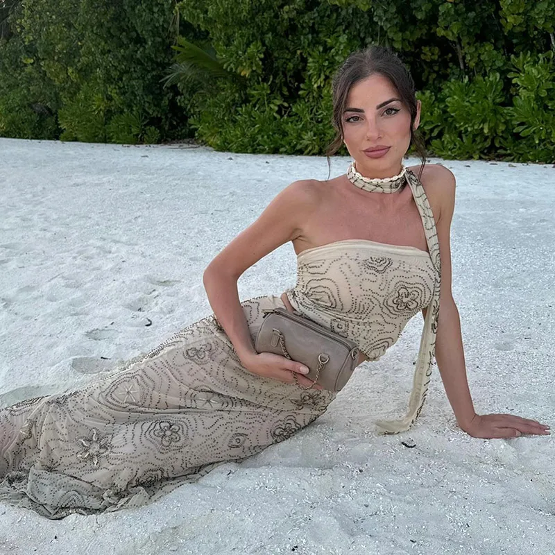 مطرز تنورة دعوى المرأة سليم الترتر الرسن المحاصيل الأعلى مرونة الخصر التنانير الطويلة 2 قطعة مجموعة 2025 الصيف شاطئ حفلة سيدة وتتسابق #2