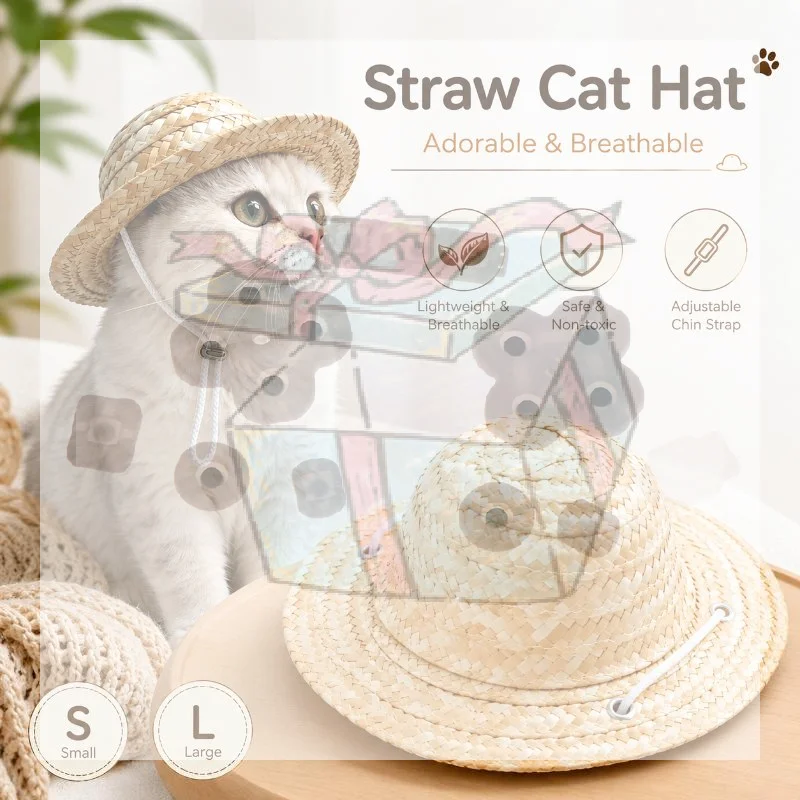 【CC】Cute Pet Straw Hat Adjustable Chin Strap Lightweight Breathable Sun Hat For Cat Small Dog Photo Prop Accessories