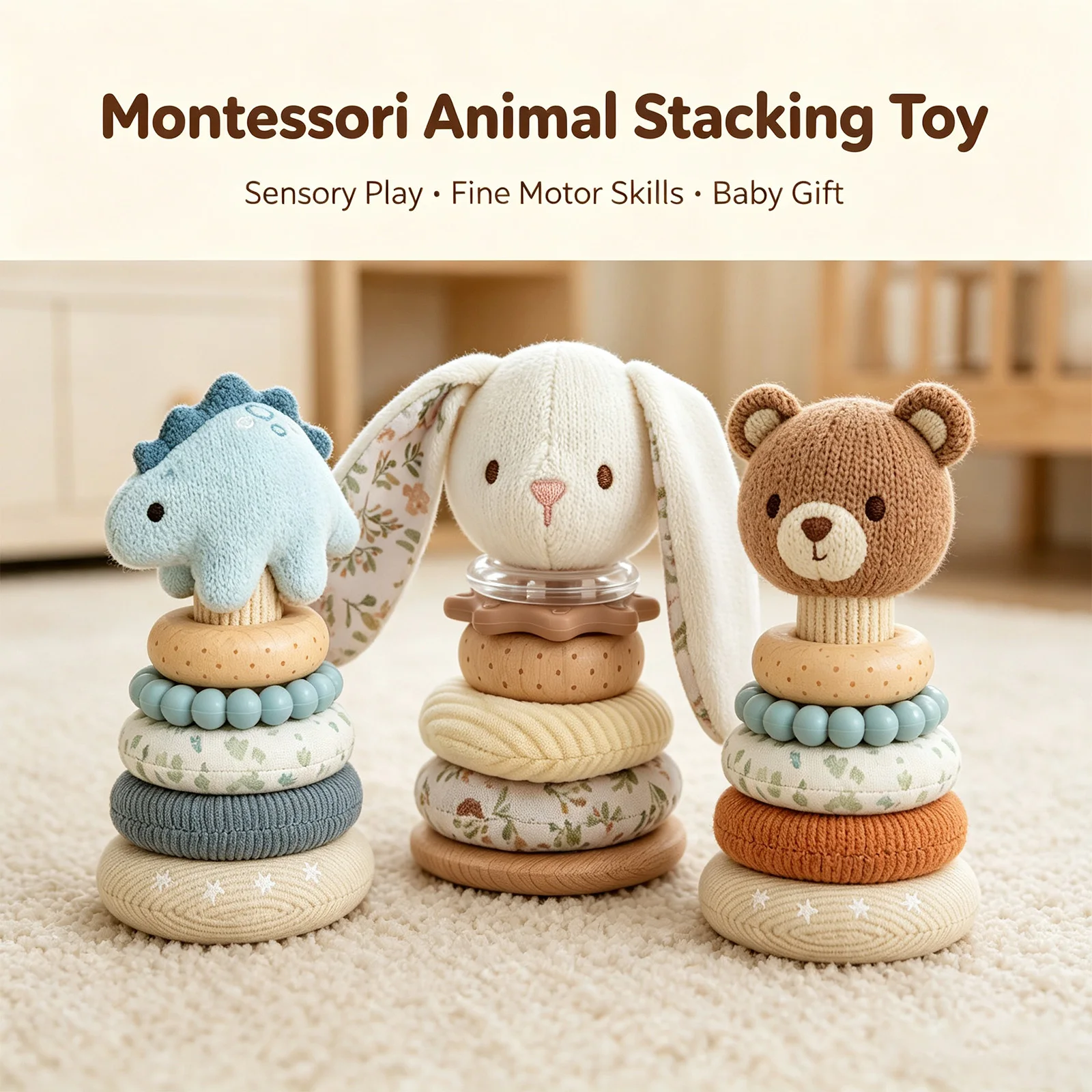 Montessori Stacking Toy - Soft Cotton Animal Tower with Teether & Sensory Rings for Newborn 0-12 Months, Educational Fine Motor