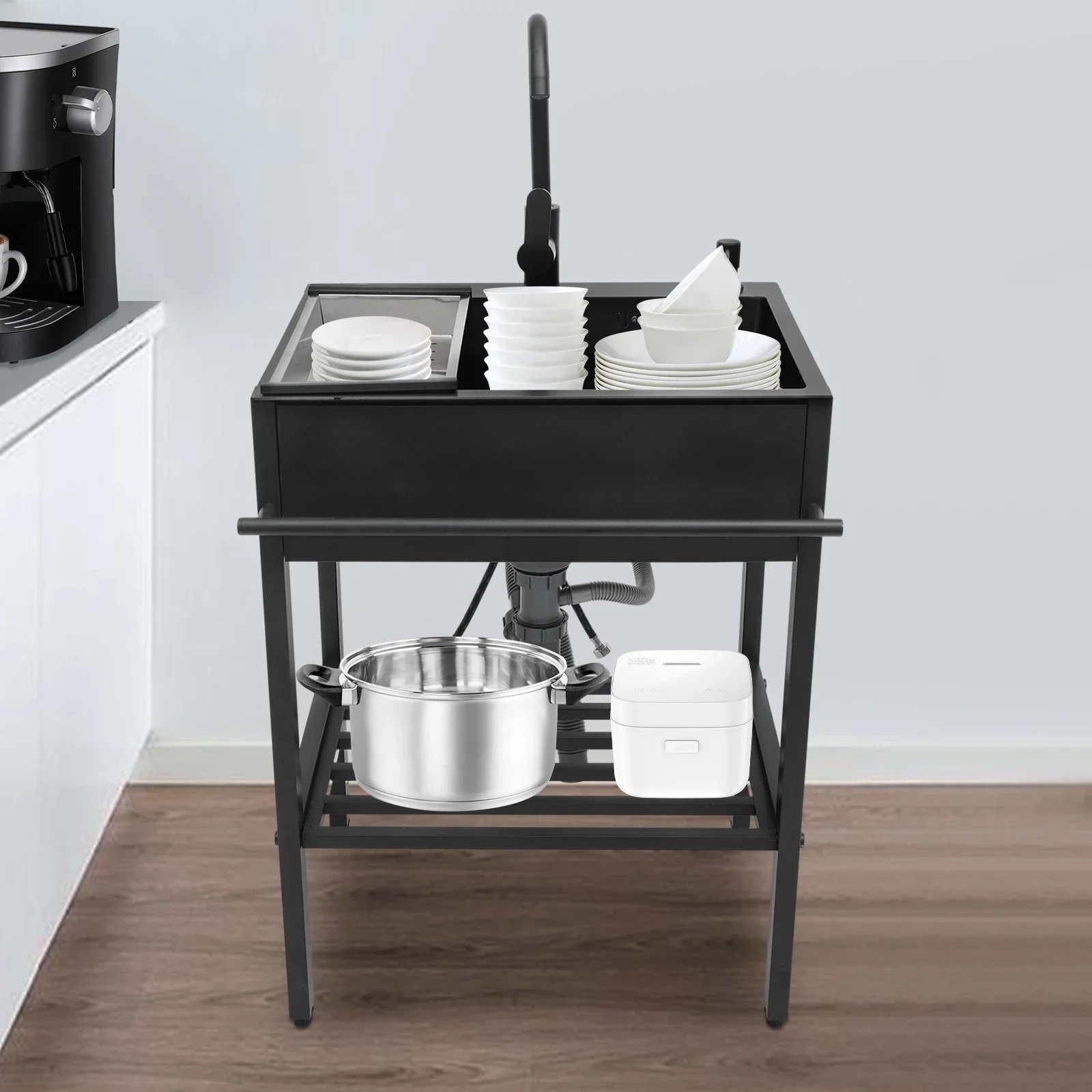 

Modern 60x45x86cm Freestanding Rectangular 201 Stainless Steel Kitchen Sink Set Black with Accessories