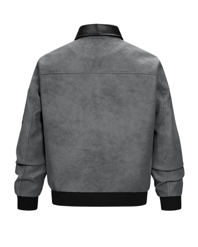 New Vintage Pilot Suede Jacket with Faux Leather Patch Lapel Full Zip Multi Pocket Long Sleeve Windproof Casual Mens Outer Coat