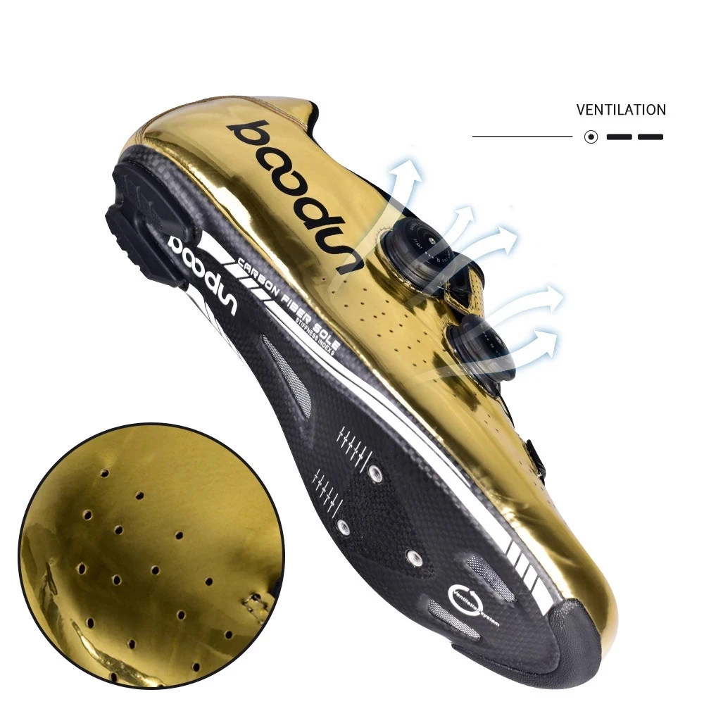 BOODUN Golden Carbon Road Bike Cycling Shoes Road Bike Self-Locking Shoes Carbon Ultralight professional Bicycle Racing Shoes