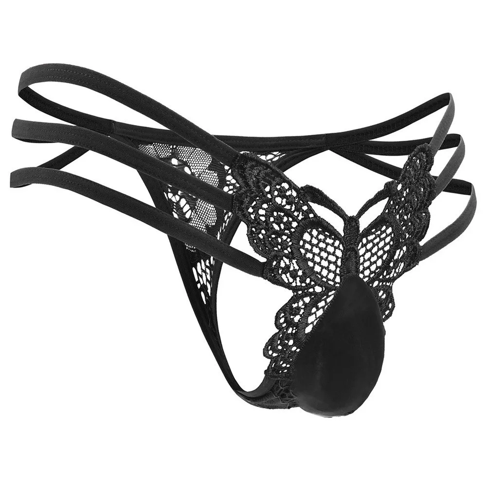 Men Sexy Panties Butterfly Lace Sheer Thong G-String Hollow Low Waist Sexy Side Open Underwear Sissy Pouch Sheath T Back