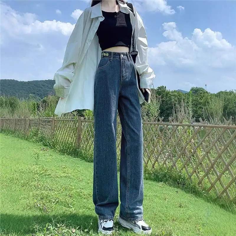 Thickened Fleece Straight Leg Jeans Women's Autumn Winter High Waist Loose Drapey Slimming Adjustable Wide Leg Floor-Length P...