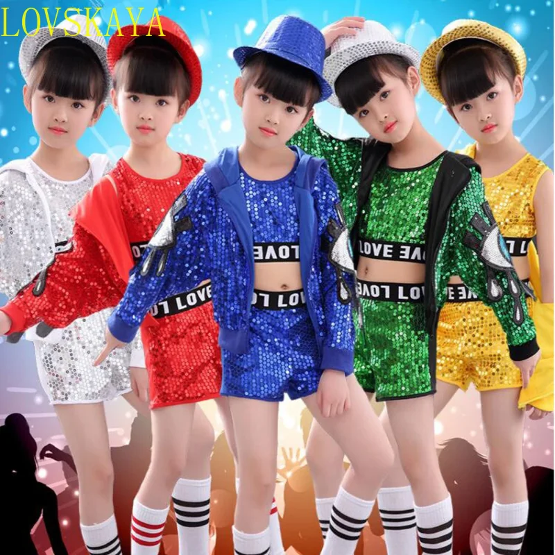 Trajes modernos de dança jazz para meninas, tops de lantejoulas, calças e casaco, roupas infantis para festas, street dance infantil, hip hop, salão de baile, 3 peças