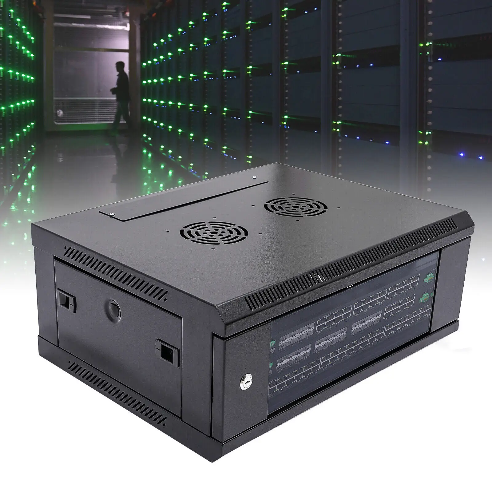 Gabinete de montagem na parede com porta trancada, Modern Network Rack, Black Enclosure, 4U