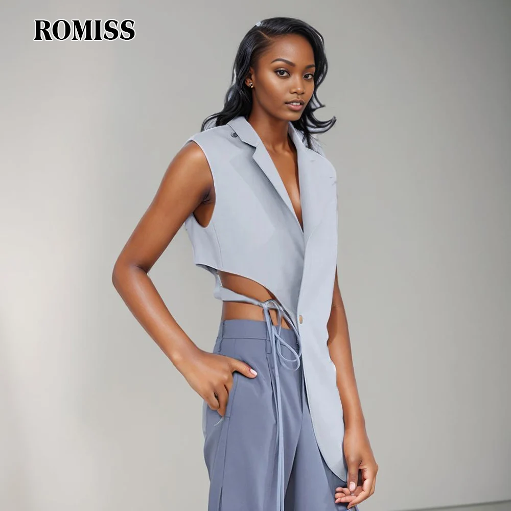 ROMISS Chic Solid Waistcoats For Women Lapel Sleeveless Off Shoulder Patchwork Lace Up Casual Loose Spring Vest Female 2024