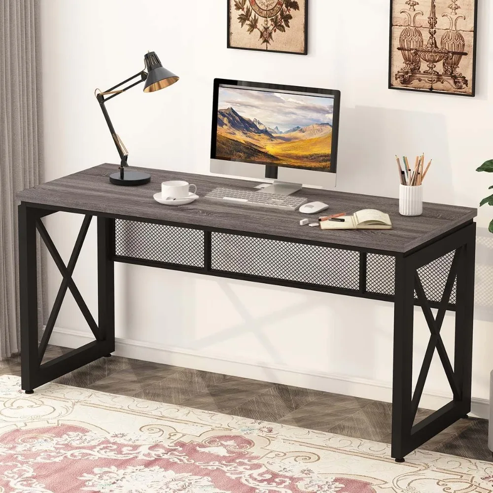 

Industrial Computer Desk, Rustic Wood Desk for Home Office, Sturdy Metal Writing Work Desk (60 Inch, Dark Grey Oak)