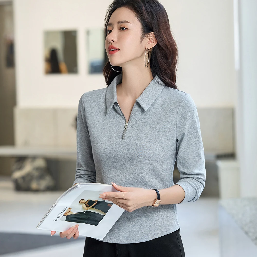 European style Angora red long sleeved T-shirt for women's autumn new high-end cotton fashion plus zipper lapel casual top