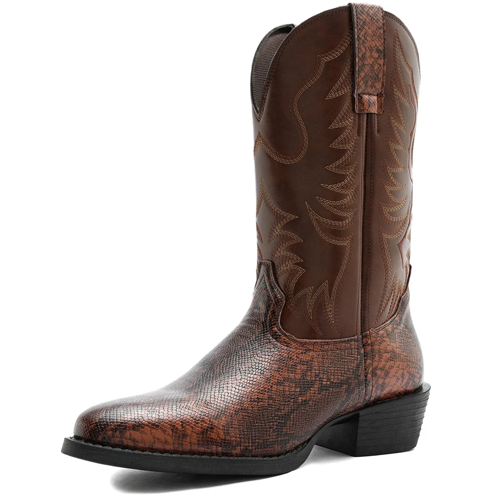 Retro Men Western Cowboy Boots Imitation Of Snake Pattern Leather Boots High Quality Mid-Calf Boots Outdoor Shoes Western Boots