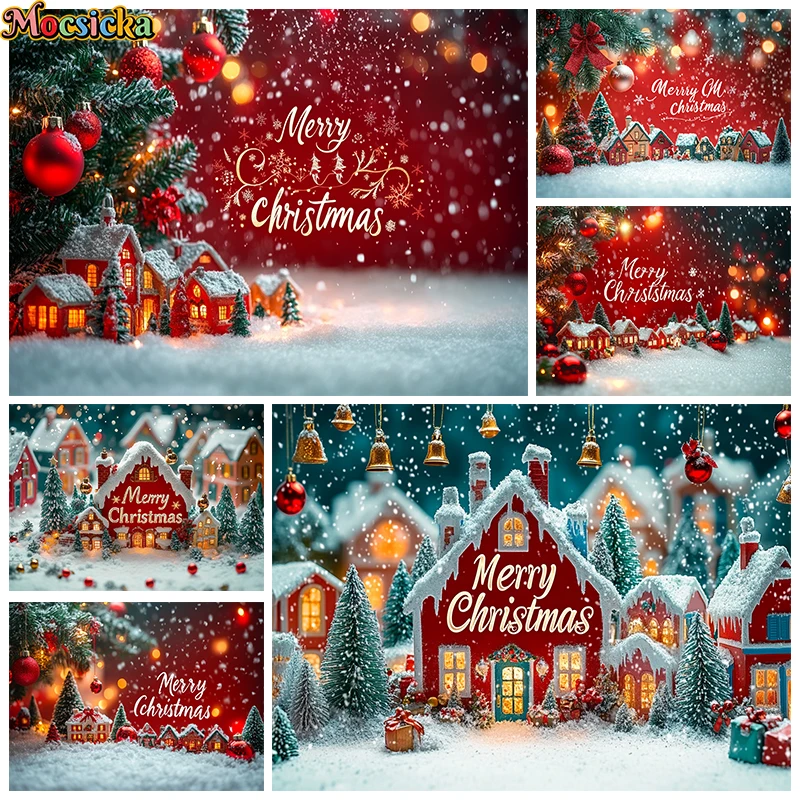 

Merry Christmas Background Photography Snow Red House Tree Children Baby Shower Girl Backdrop Shooting Props Birthday Photobooth