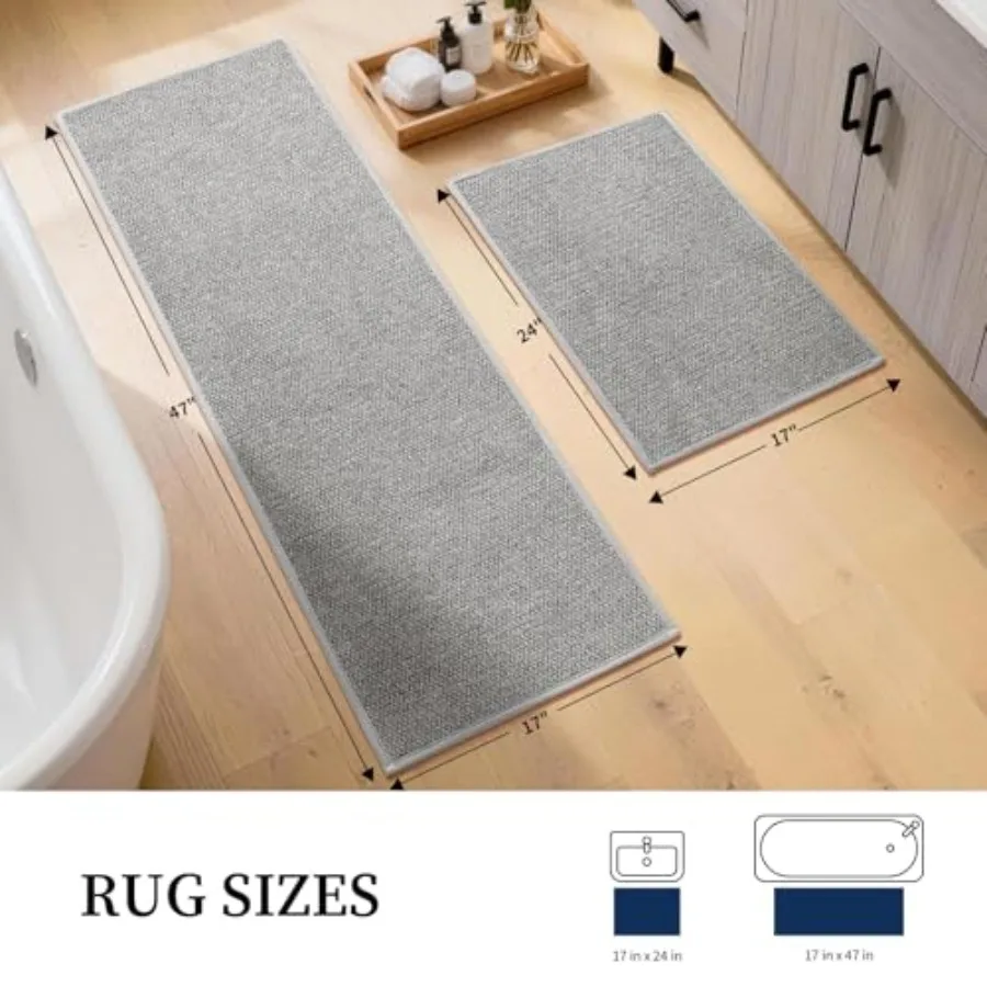 Gray Bathroom Rugs Sets 2 Pcs, Quick Dry Thin Bath Mat, Non Slip Absorbent Machine Washable, Bath Runner Rug for Bathtub Sink H