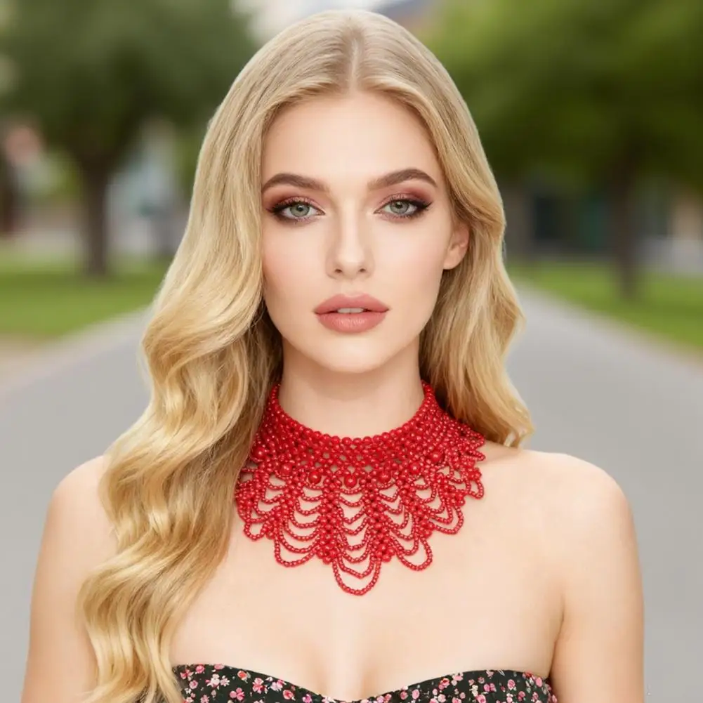 

Imitation Pearl Bib Necklace Valentine Day Necklace Elegant Multi-layered Imitation Pearl Fake Collar Necklace with for Solid