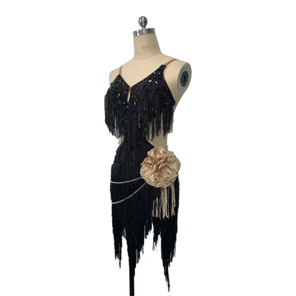 

Latin Dance Competition Women's High-end Custom Black Tassel Golden Flower Cha Cha Performance Costume Black Pool Dress