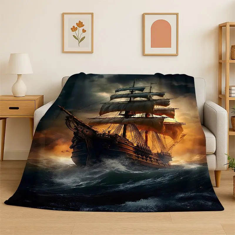 Storm Pirate Ship Boat Barque Flannel Blanket Soft Throw Blanket for Bedroom Living Room Bed Travel Camping Picnic Nap Cover