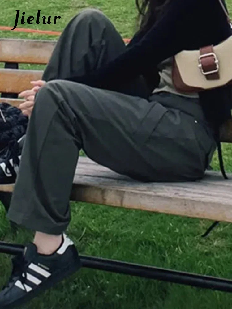 Jielur Style américain décontracté taille haute vert femmes Cargo pantalon été couleur unie droite mince ample femme jambe large pantalon